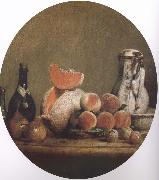 Jean Baptiste Simeon Chardin Cut melon and peach bottle still life etc oil on canvas